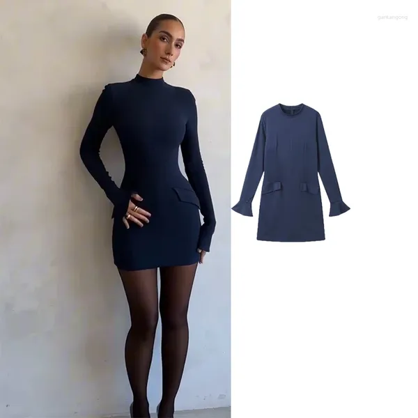 Vestidos casuais bodycon vestido mulher envoltório nádegas mini para mulheres 2023 outono inverno manga longa escritório curto