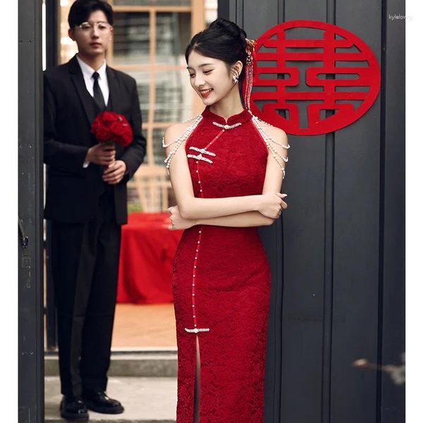 Abbigliamento etnico Abito da sposa cinese retrò Cheongsam tradizionale Sposa elegante Qipao Slim colletto alla coreana Cheongsam moderni