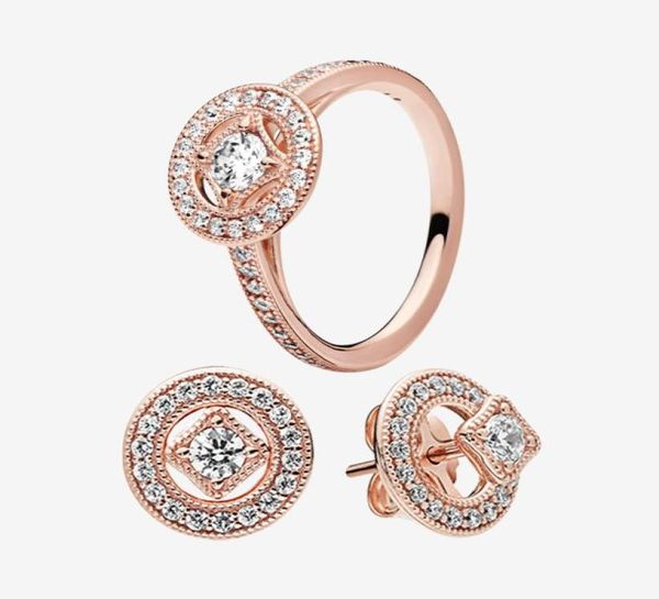 Conjuntos de jóias de casamento de luxo 18k ouro rosa vintage círculo anel brinco com caixa original para real 925 anéis de prata brincos9521545