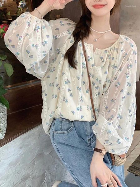 Blusas femininas estampa floral chiffon elegante doce lanterna manga camisas femininas verão moda coreana casual único breasted topos