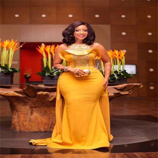 Glitz Goldern Sirena Prom Dress 2024 Plus Size Africano Nero Ragazze Abito da sera In rilievo Nigeria Plus Size Celebrity Occasioni formali Abiti da festa Compleanno Promdress