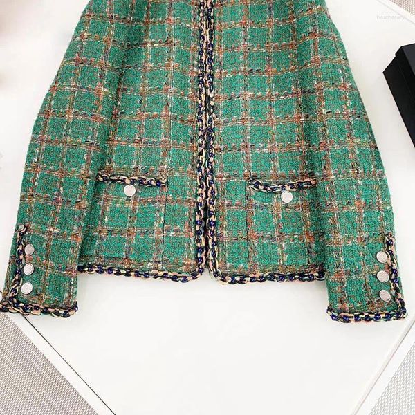 Giacche da donna 23 Manuale di moda di alta qualità Officina Verde pavone Plaid Tweed Donna Fine Elegante lavoro manuale Tessuto in rilievo Cappotto sottile