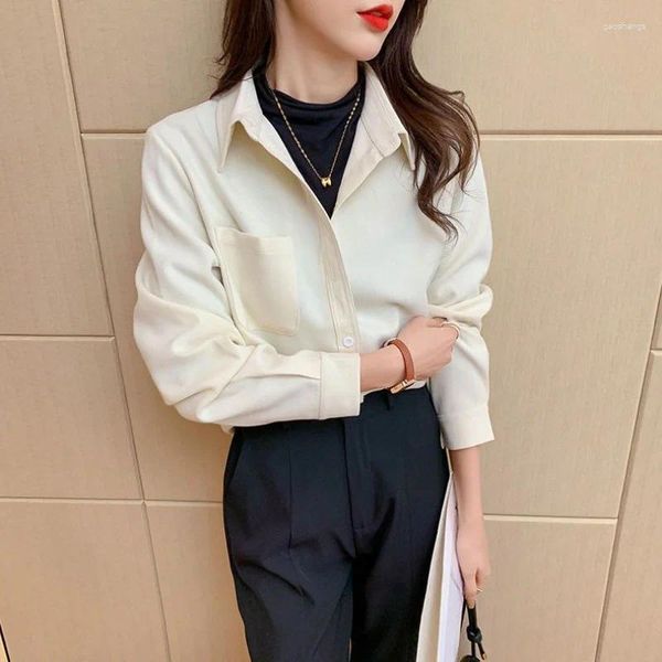 Blusas femininas cor sólida topos para mulheres elegante camisa veludo estilo coreano manga longa bonito outono inverno casual solto streetwear