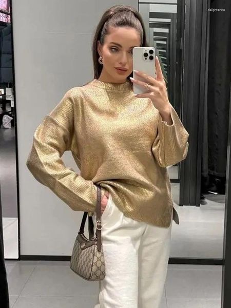 Kadın Sweaters Altın Kadınlar İçin Kırpılmış 2023 Sonbahar Kış Örgü Kazak Uzun Kollu Küleyler Moda Örgü Top