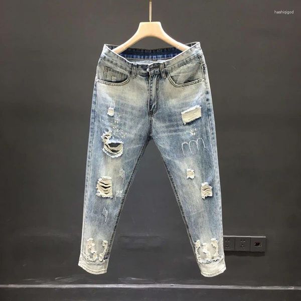 Jeans da uomo Slim Pantaloni a piede piccolo a nove punte di colore chiaro Trendy Beggar Rotten Erkek Pantolon