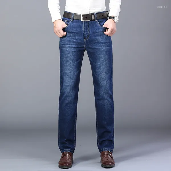Jeans masculinos 2024 homens moda cintura alta reta perna estreita azul estiramento vintage calças jeans streetwear magro ajuste calças