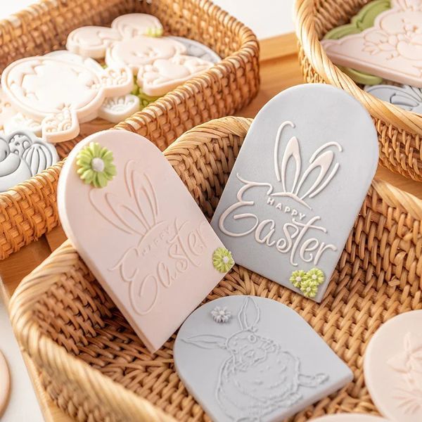 Moldes de cozimento EasterTheme Coelho Biscoito Moldes em relevo Feliz Páscoa Coelhinho Fondant Selos Flor Cesta Biscoito Molde Decorações de Bolo 231213