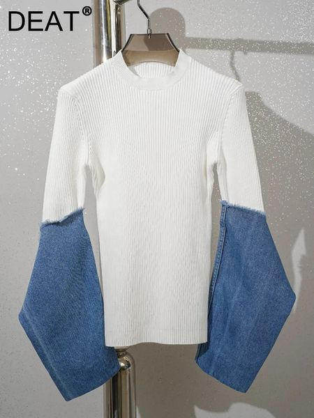 Damen-Strick-T-Shirts DEAT Damen-Strickpullover, schmaler O-Ausschnitt, gespleißte Denim-Ärmel, kontrastierende Farben, Stretch-Pullover 2023, maßgeschneiderter Großhandel 231213