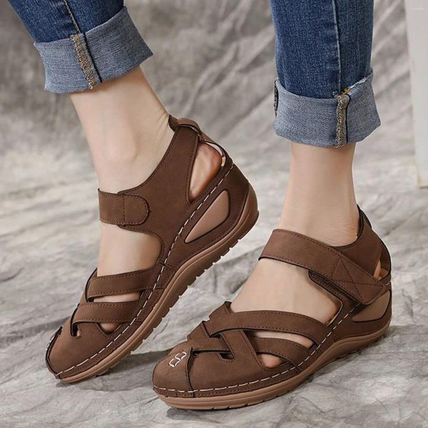 Sandalen Vintage Bohemia Wedge für Frauen Runde Zehenausschnitt Knöchelriemen Weiche dicke Unterseite Mittelabsatz Orthopädische Schuhe