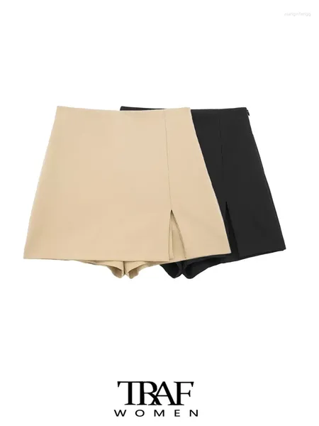 Shorts femininos mulheres moda frente fenda saias vintage cintura alta lado zíper feminino skort mujer