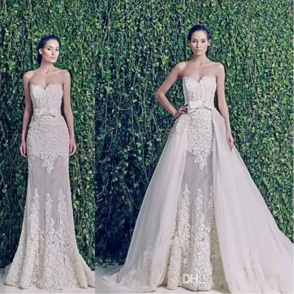 Zuhair Murad bescheidene Brautkleider mit abnehmbarer Schleppe über Röcken, herzförmiger, rückenfreier, applizierter Spitze, Vintage-Brautkleider in Übergröße