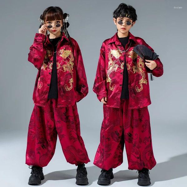 Abbigliamento da palcoscenico Costume Hip Hop per bambini Stile cinese Abito rosso Maniche lunghe Ragazzi Abbigliamento per spettacoli di danza di strada Vestiti per ragazze BL12141