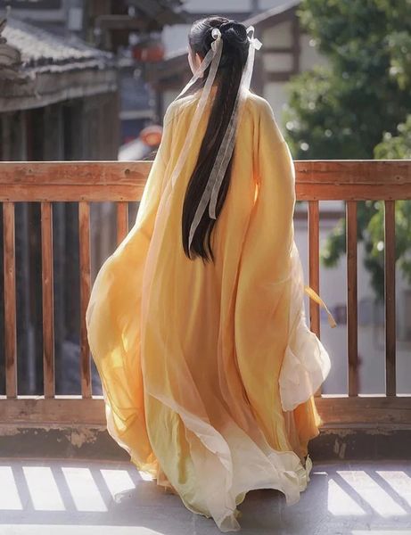 Этническая одежда Hanfu Dres Карнавальный костюм для косплея Китайское сценическое танцевальное платье Древнее традиционное желтое платье размера плюс XL 231212