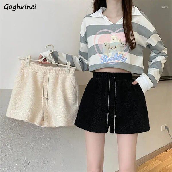 Shorts femininos cintura alta casual outono inverno solto senhoras largas calças de perna mais grosso sólido rendas fofo simples streetwear chique