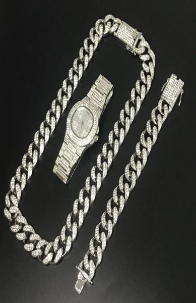 Hip Hop Hombres Collar de plata Cristal Miami Cadena Hombres Reloj Collar Pulsera Conjunto combinado Ice Out Collar cubano Hip Hop para hombres5333744