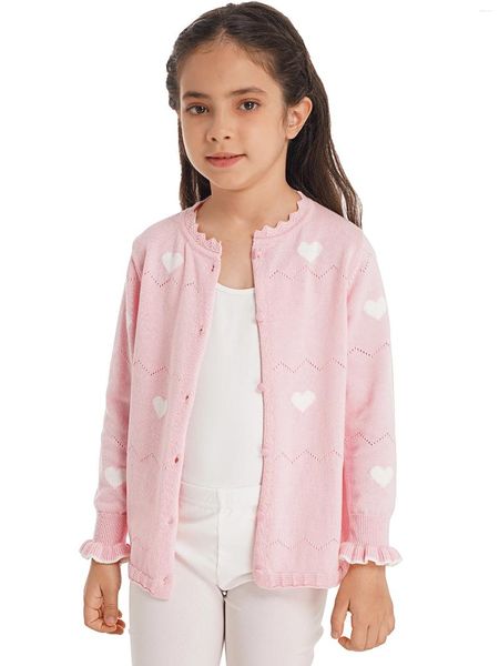 Jaquetas crianças meninas roupas casuais plissado borda manga longa decote redondo padrão de amor impressão onda listrado tricô outerwear