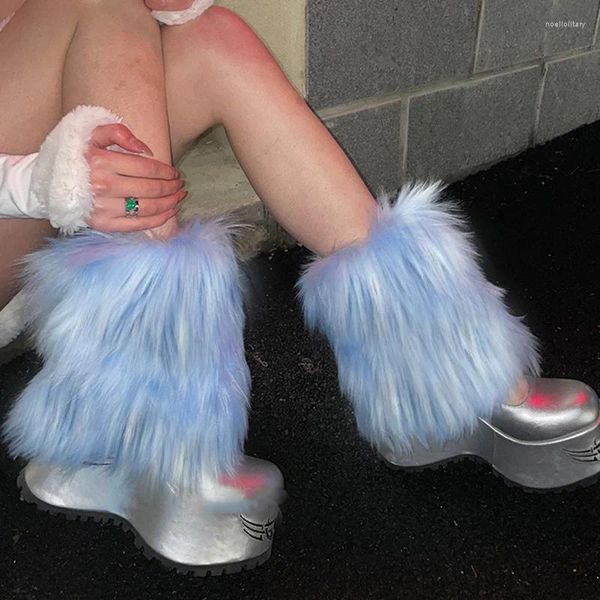 Kadın Çoraplar Vintage Sahte Kürk Kış Y2K Mavi Sıcak Punk Harajuku Kürklü Peluş Botlar Kapak JK Lolita Cosplay Aksesuarları