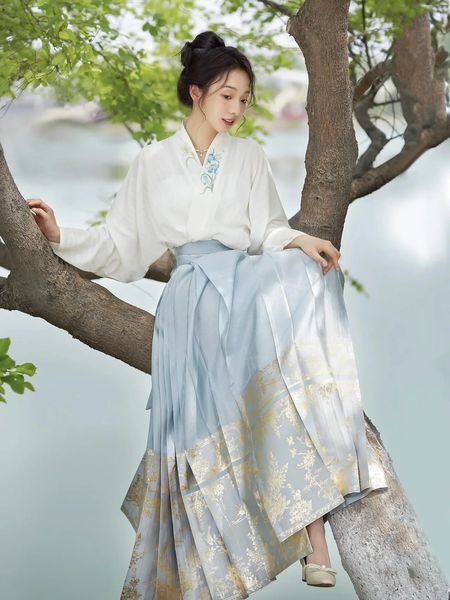 Roupas étnicas Original Estilo Chinês Hanfu Horse Face Dress Set para Mulheres 2023 Outono Camisa de Luxo Modern Retro Ming Dynasty Daily Wear 231212