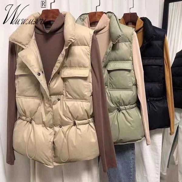 Coletes femininas ultraleve quente cintura fina para baixo colete mulheres moda coreana inverno sem mangas jaquetas outono acolchoado parkas gola