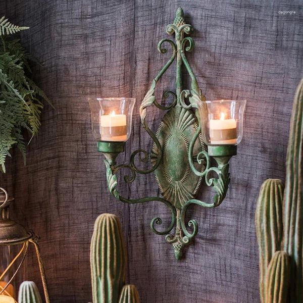Kerzenhalter Rustikaler dekorativer Wandleuchterhalter Grün | Weißgold-Bronze