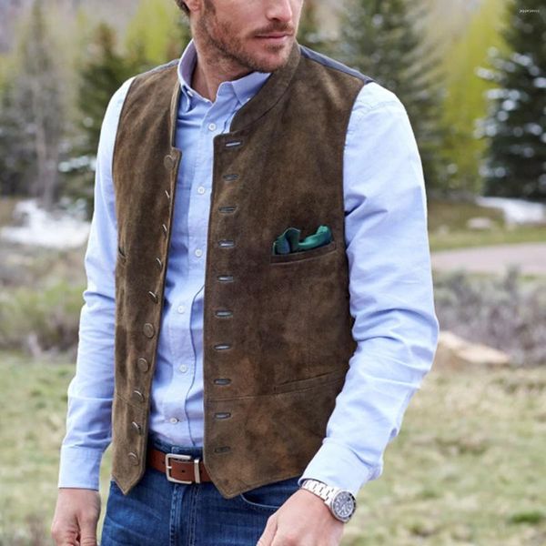 Gilet da uomo Gilet da uomo Abito in velluto smerigliato marrone Gilet stile casual quotidiano Girocollo Giacca maschile monopetto senza maniche