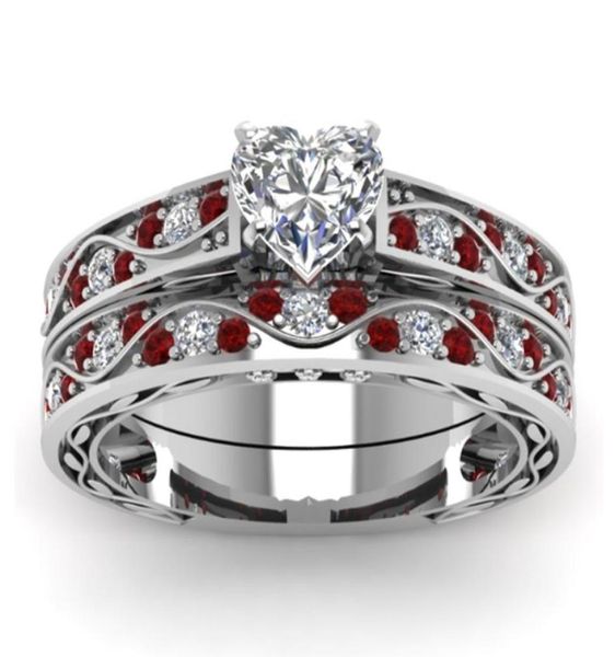 Delicado anel de casamento com diamante em forma de coração 925 prata esterlina rubi conjunto de anel de noiva anel de casamento joias de compromisso de aniversário si3929483