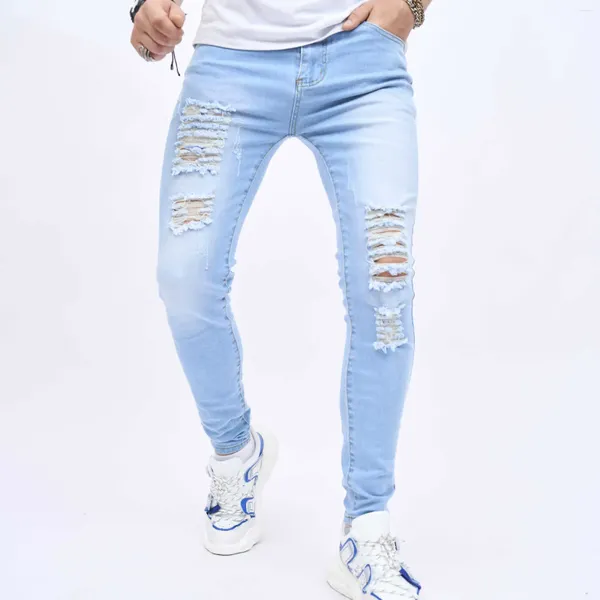 Jeans masculinos 2023 inverno skinny mid-cintura micro-elástico casual rasgado para adolescentes pernas finas calças elásticas longas