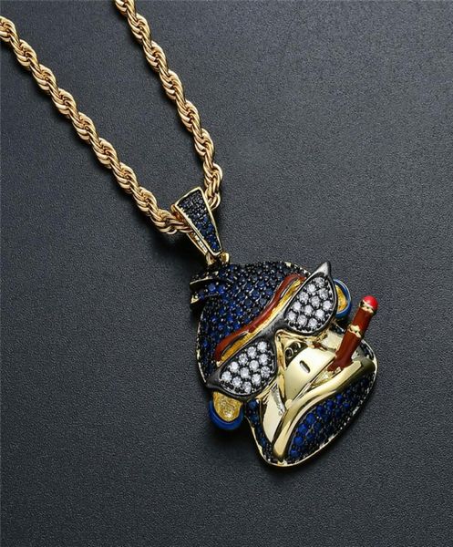 Occhiali da sole con zirconi cubici multicolori in oro 18 carati Collana con ciondolo Monkey King Micro pavimentato con zirconi Gioielli hip hop da uomo1595270