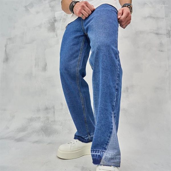 Jeans masculinos homens streetwear solto sólido emendado calças retas elegante estilo simples masculino de alta qualidade casual denim calças