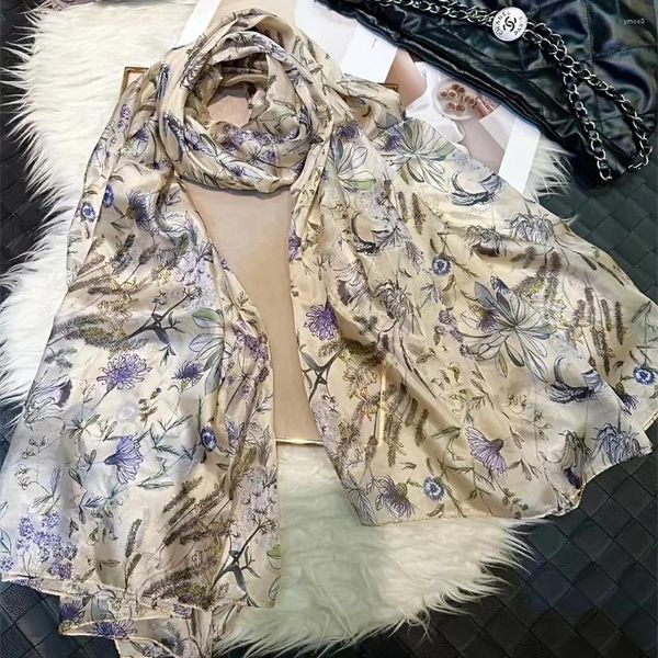 Sciarpe Moda Beige Viola Scialle Scrarf di seta Marca Donna Autunno Inverno Design floreale Scialli lunghi da spiaggia estivi