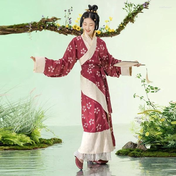 Freizeitkleider Ein Leben auf der linken Seite Verbessertes Hanfu-Kleid für Frauen Langarm Kreuzbrust-V-Ausschnitt Traditioneller Ramie-Rock mit Chrysanthemendruck