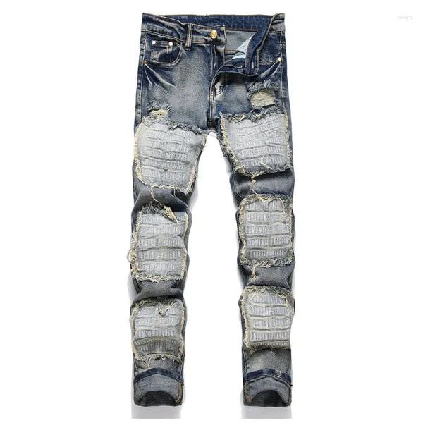 Jeans masculinos quebrados cobre meados de cintura remendo pano alfabeto bordado mendigo calças moda retro azul magro hip hop lápis calças