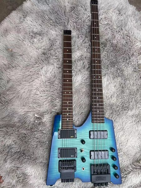 Blaue kopflose diagonale 10-saitige E-Gitarre am Meer, Korpus aus weißem Wachsholz, Griffbrett aus Ahornhals, Direktverkauf ab Werk