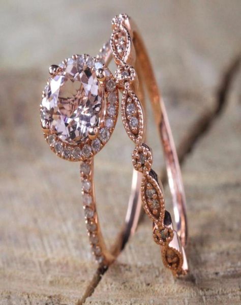 2 pçsset 2019 luxo branco rosa pedra anéis de cristal para mulheres cor do ouro anéis de noivado de casamento jóias dropship bagues pour4835094