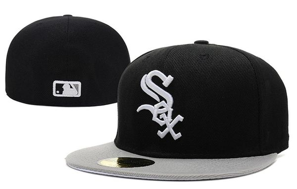 Vendendo Men039s White Sox chapéu equipado Top Quality borda plana bordada Carta SOX logotipo da equipe Preto fãs bonés de beisebol completo cl1150915