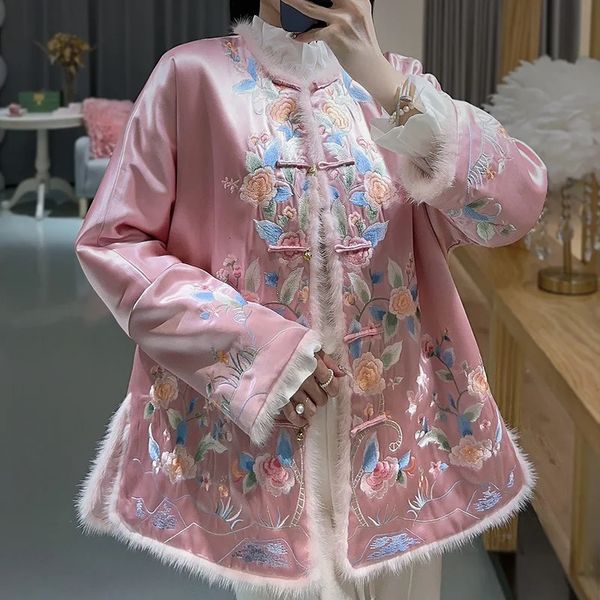 Abbigliamento etnico Giacca invernale da donna di fascia alta Top Ricamo in stile cinese Elegante cappotto in acetato da donna Hanfu femminile SXXL 231212