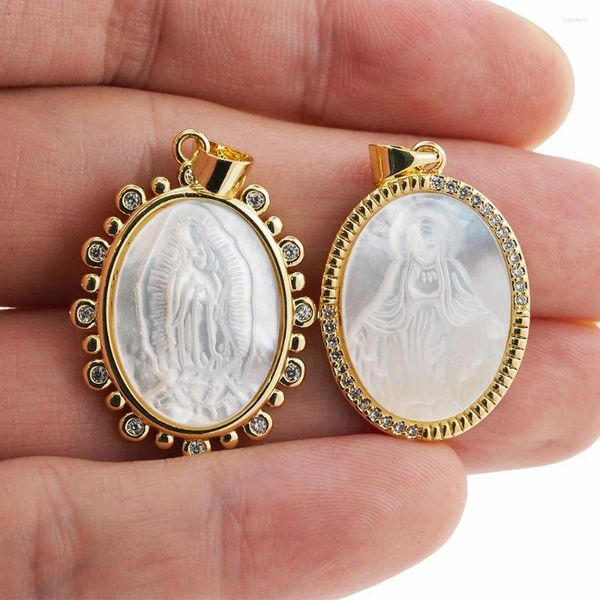Pingente colares charme oval cristão jesus colar banhado a ouro zircão concha jóias diy fazendo acessórios amuleto para mulheres