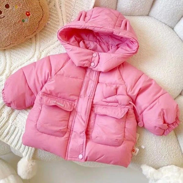 Пуховое пальто для маленьких девочек, осенне-зимняя утепленная куртка с капюшоном, пальто для малышей, однотонные розовые теплые парки с хлопковой подкладкой, верхняя одежда для детей 1–6 лет