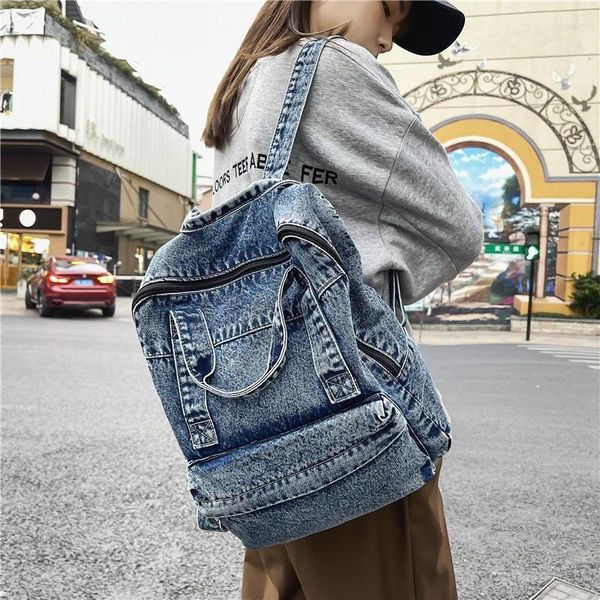 Okul çantaları mavi denim kadınlar sırt çantası gündelik büyük kapasiteli dizüstü bilgisayar fermuar kız üst kolu moda seyahat