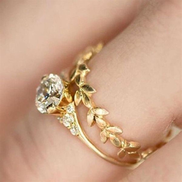 Requintado folha de ouro branco zircão anel de casamento conjunto moda simples anéis delicados presentes do amante jóias finas251n
