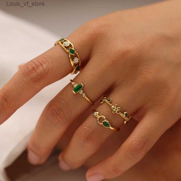 Bandringe Edelstahlringe für Frauen Männer Luxus Gold Farbe plattiert offenes grünes Zirkon Quadrat Finger Ring Hochzeit 2023 Trend Schmuck T231213