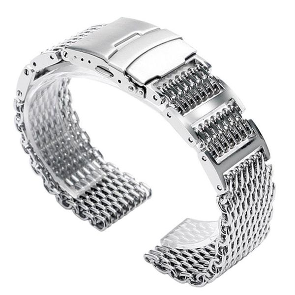 20 22 24 mm Silber Schwarz Edelstahl Shark Mesh Solid Link Armbanduhr Band Ersatzband Faltschließe273G