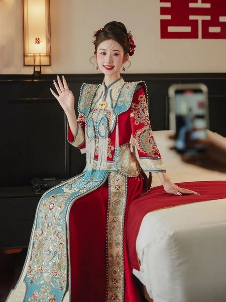 Roupas étnicas Tradicional Chinês Terno de Casamento Sem Forro Vestido de Vestuário Noiva Xiuhe Fu Luxo Dragão Phoenix Vestido A Noiva' Nupcial 231212