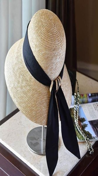 Palha cloche para mulheres UPF50 Sun Black Ribbon Knot largo Bucket Bucket Summer Beach Cap Hat T2006026850900