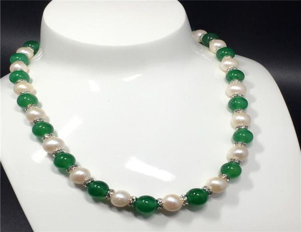 Verkaufen natürliche 89mm weiße Süßwasserperle grüne Jade Perlen Halskette 48cm Modeschmuck3233494