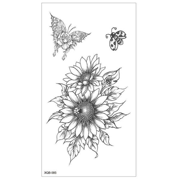 Novo adesivo de tatuagem de braço de flor esboçado com metade à prova d'água em sânscrito preto e branco desenhado à mão