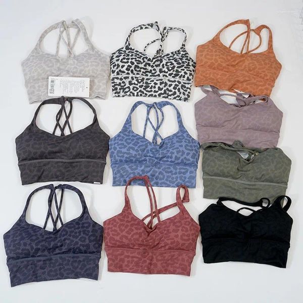 Completo da yoga con stampa leopardata, reggiseno morbido da donna, spalline per spaghetti, bellezza sul retro, sportivo, intimo aderente, antiurto, corsa, fitness