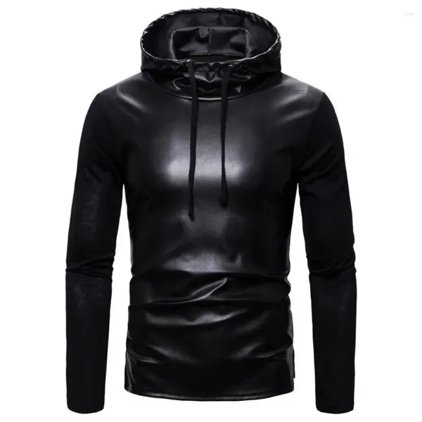 Erkek Hoodies Erkek Sahte Deri Hoodie Kulübü Top Drawstring Motosiklet Ceket İnce Fit Erkekler Sweatshirts Hip Hop Sokak Giyim T-Shirt