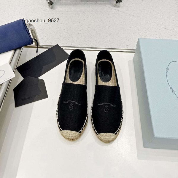 Box Praddas Pada PRD Luxury Casual Schuhe Frauen Strohwohnungen Espadrilles Sommer Frau Spitze Flachstrand Halbschuppen Fischerschuhe Modeblaeber Größe 35-41 Omrh