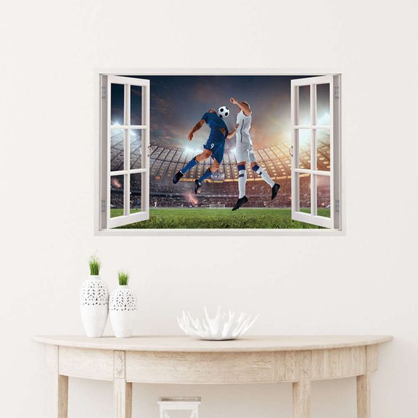 Realistico finta finestra aperta Giocatore di calcio Adesivi murali Calcio per soggiorno Camera da letto Decorazioni murali decorative per la casa Decor